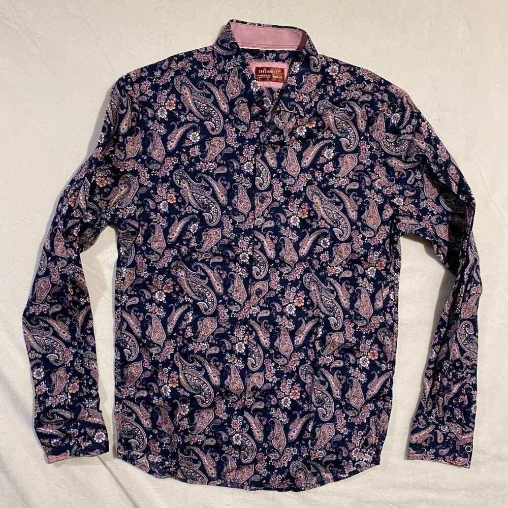 Consequence Mens Button Up Shirt M Classic Navy Purple Paisley Long Sleeve